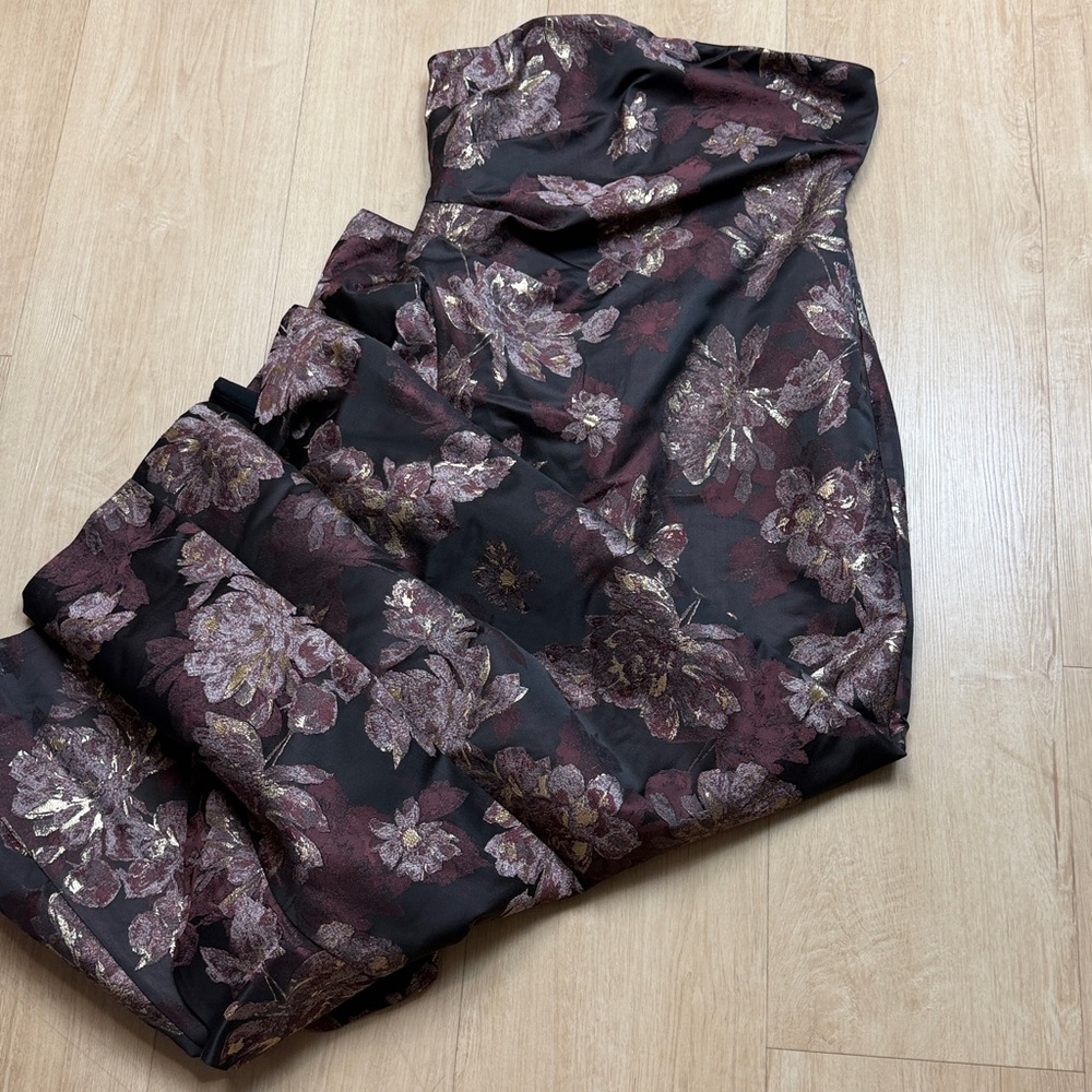 Donna Karan Strapless Floral Midi Dress in Dark Brown and Rose - Picture 8 of 9